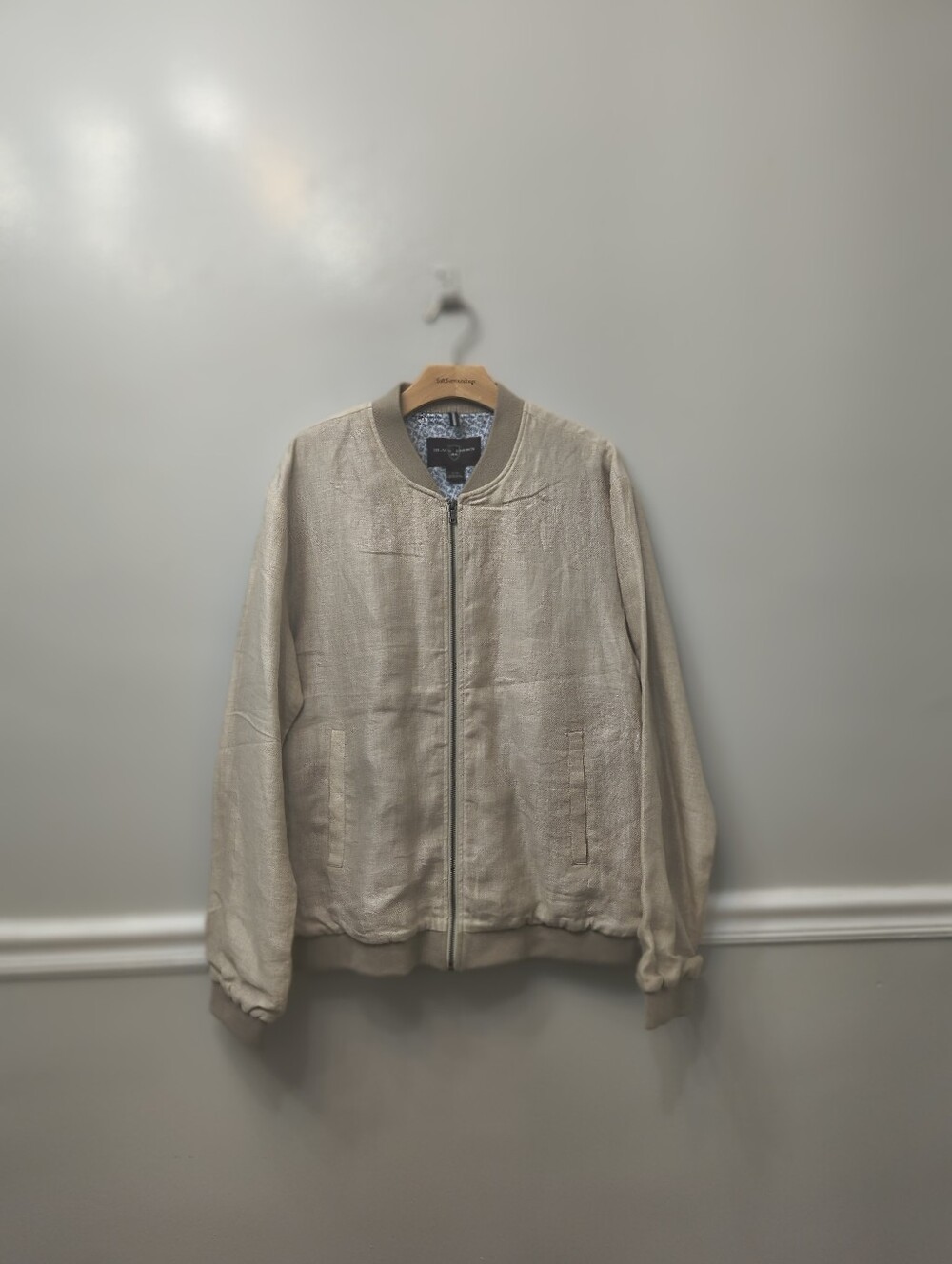 Black Brown 1826 Beige/Stone Linen Lightweight Bomber Jacket XL Casual Preppy